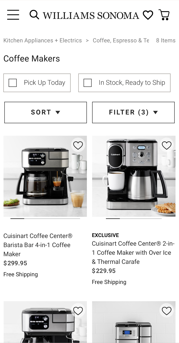 Williams Sonoma mobile product list of coffee makers with the number “3” visible in the filtering drop-down.