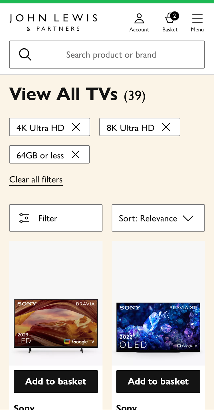 John Lewis mobile product list with applied filters stacked in an overview at the top of the list.