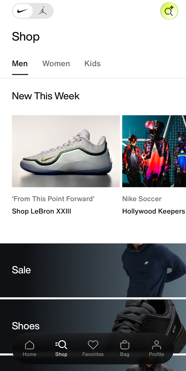 Intermediary category page for “Men” in the Nike app with a very prominent group of featured links at the top.