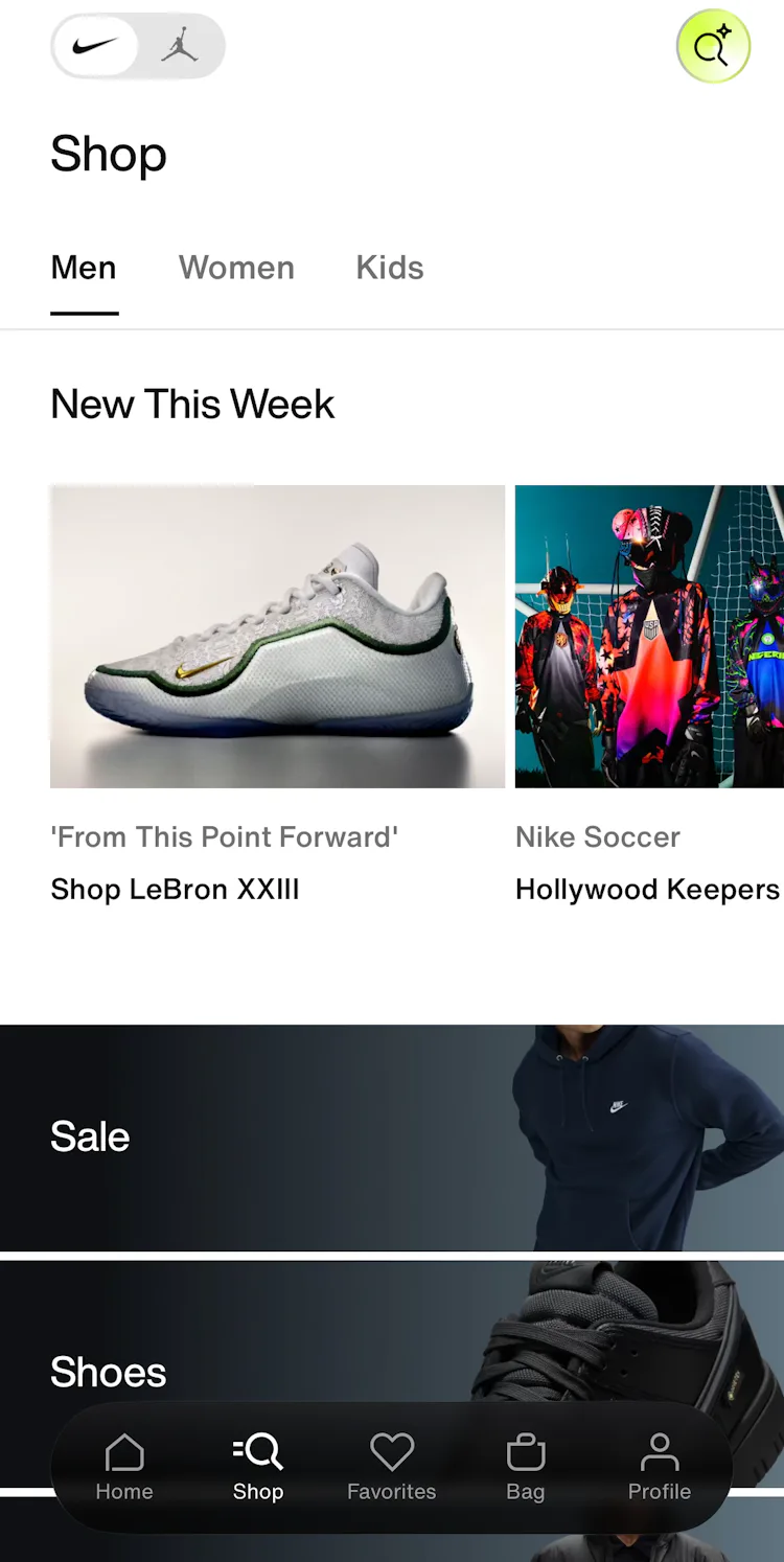 Intermediary category page for “Men” in the Nike app with a very prominent group of featured links at the top.