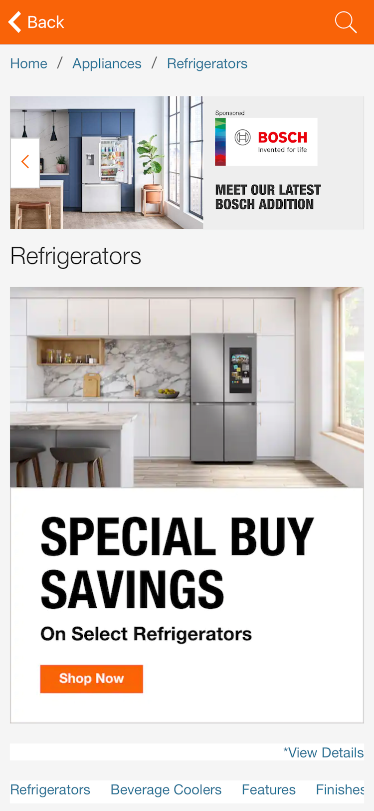 The "Refrigerators" intermediary category page in the Home Depot app with only promotions visible in the viewport.
