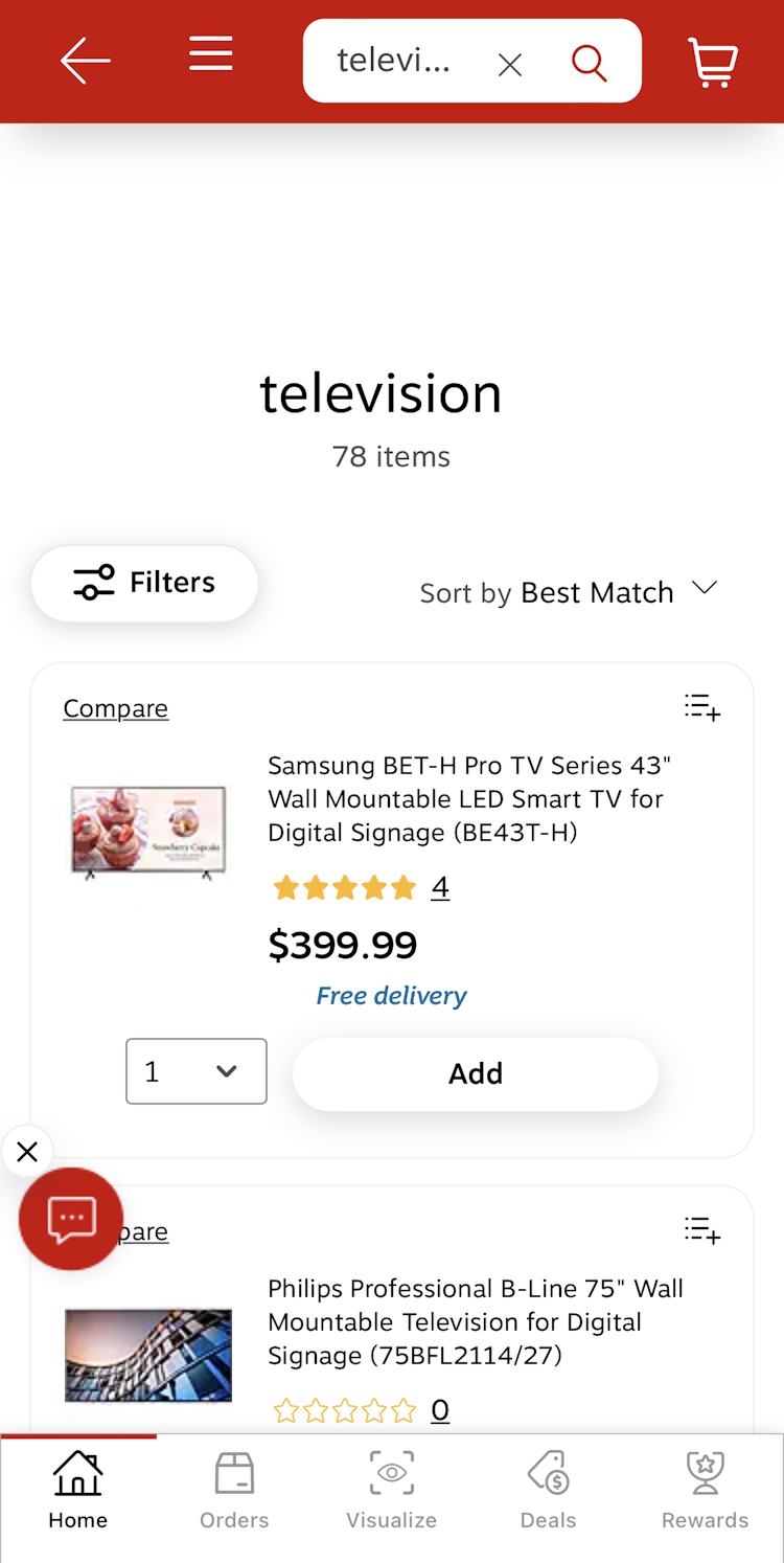 Search results page for “television” returning 78 items on mobile site.