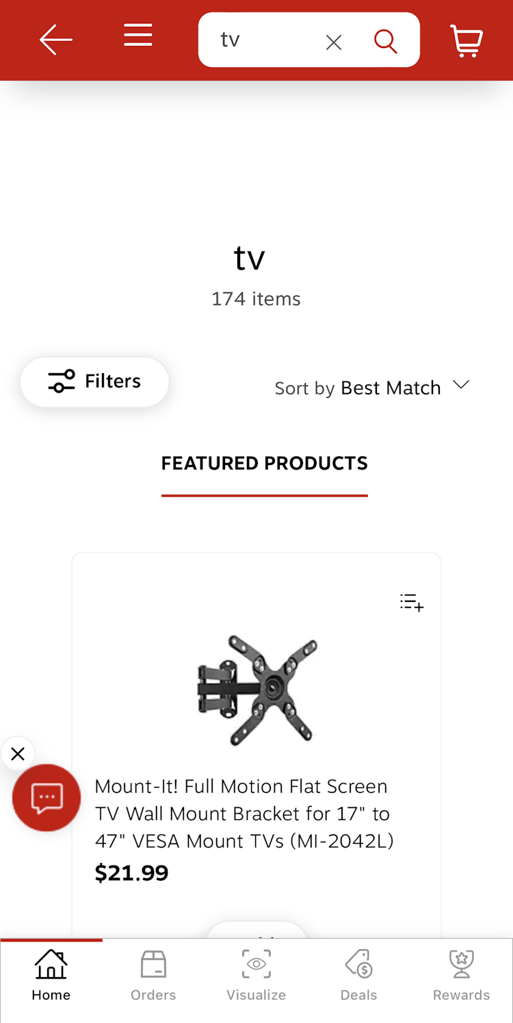 Search results page for “tv” returning 174 items on mobile site.