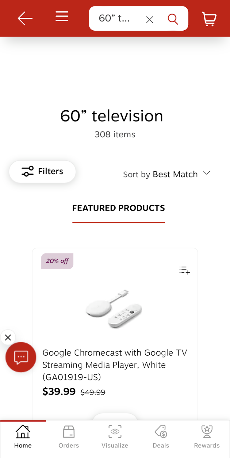 Search results page for “60” television” returning 308 items on mobile site.