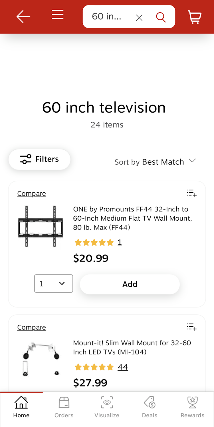 Search results page for “60 inch television” returning 24 items on mobile site.