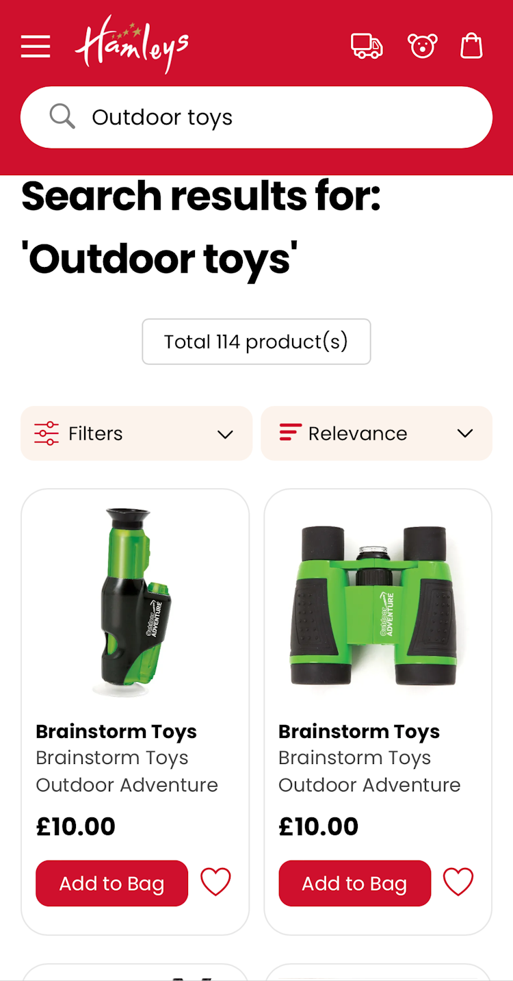 Search results page for “Outdoor toys” search with binoculars first in the list on Hamleys’ mobile site.