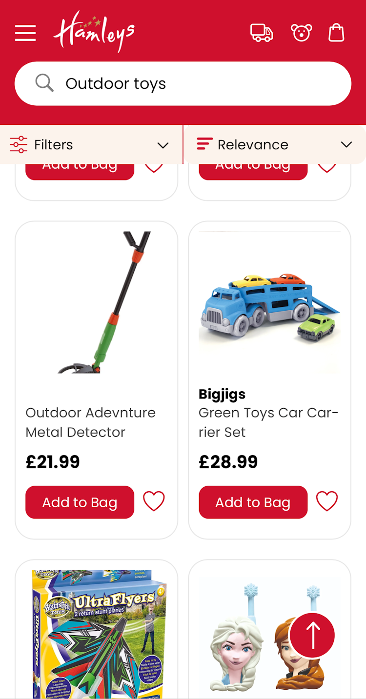 Search results page for “Outdoor toys” search with a toy metal detector and toy cars in the list on Hamleys’ mobile site.