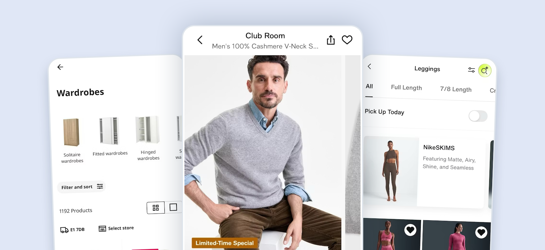 3 mobile apps: a product list with wardrobes, a product page with a model in a grey shirt, and a product list with leggings.