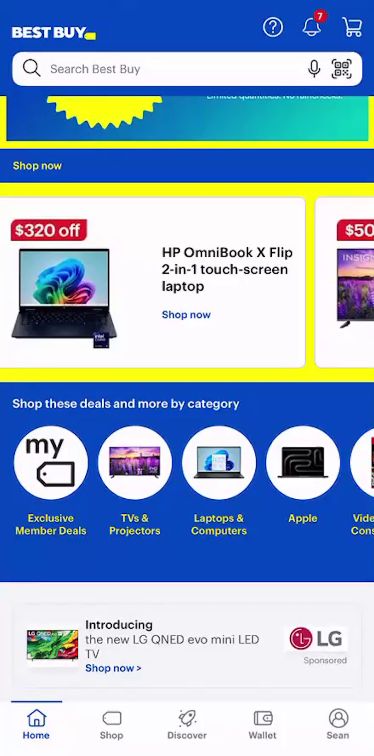 Best Buy’s mobile app home page, including the bottom navigation bar with a “Shop” link as the second path from the left.