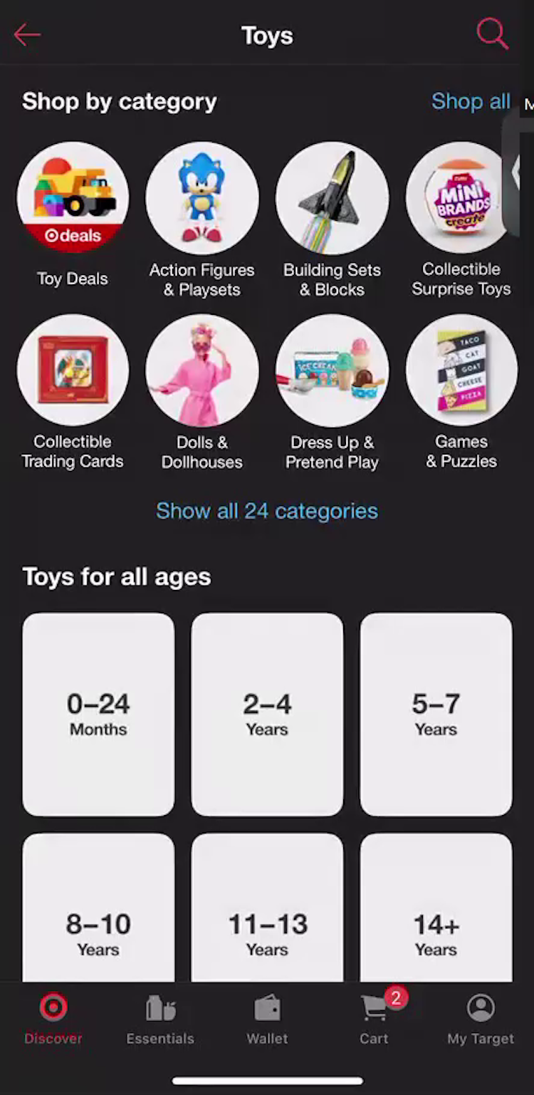 The “Toys” category page on the Target app with multiple category thumbnails visible and an option to see all.