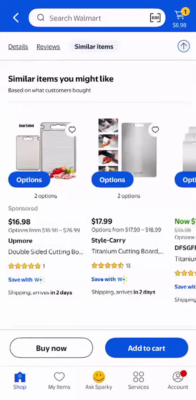 Alternative cross-sell section on the Walmart app with different cutting board options.