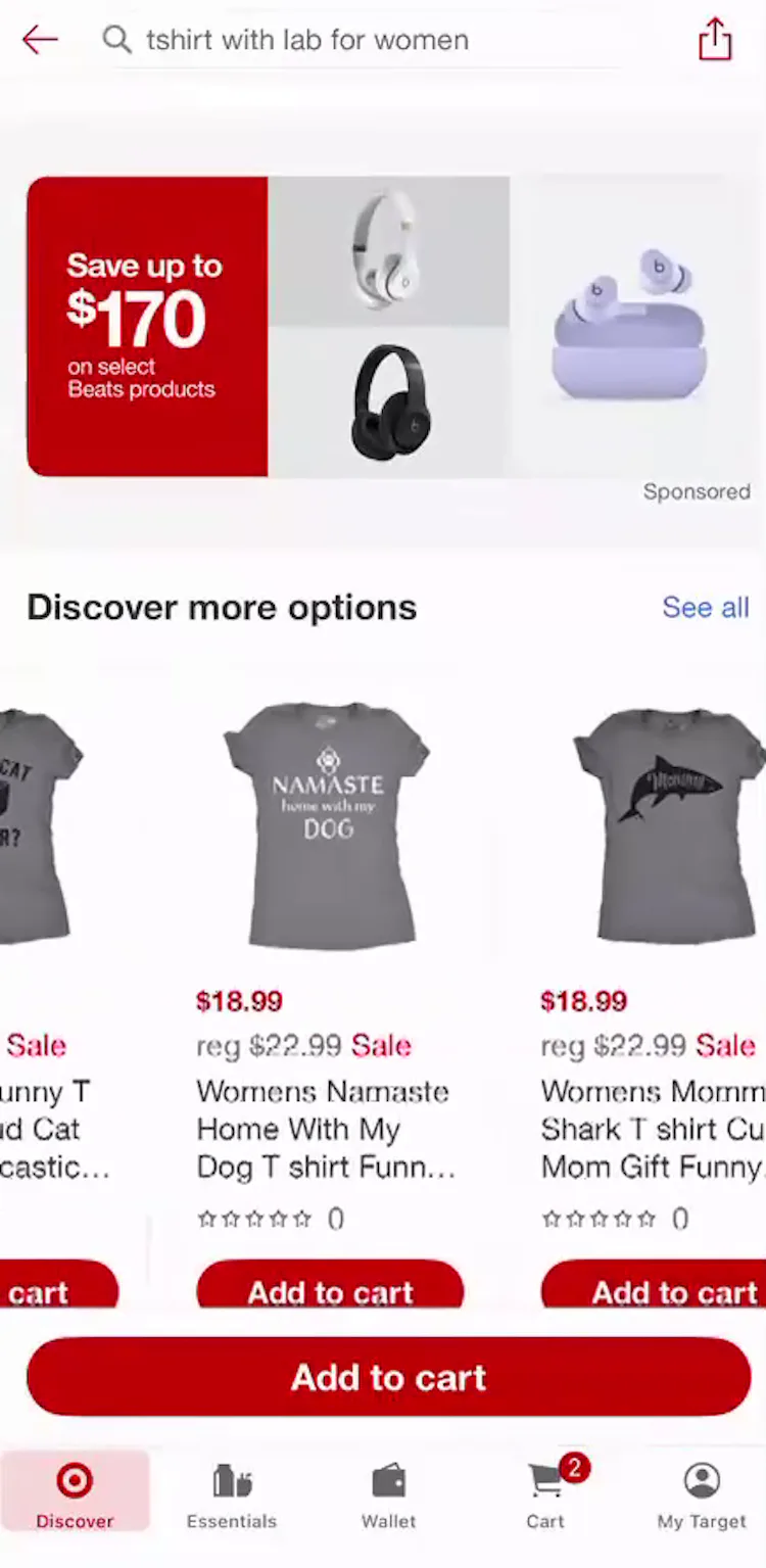 Alternative cross-sell section on the Target app with variations of a t-shirt with different prints on them.
