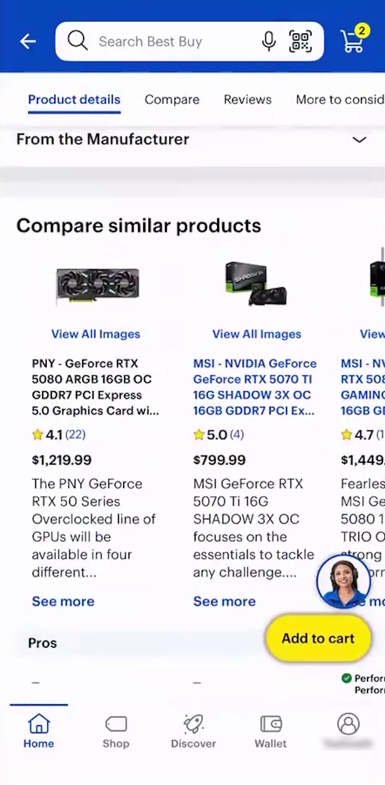Alternative cross-sell section with different graphics cards on the Best Buy app.
