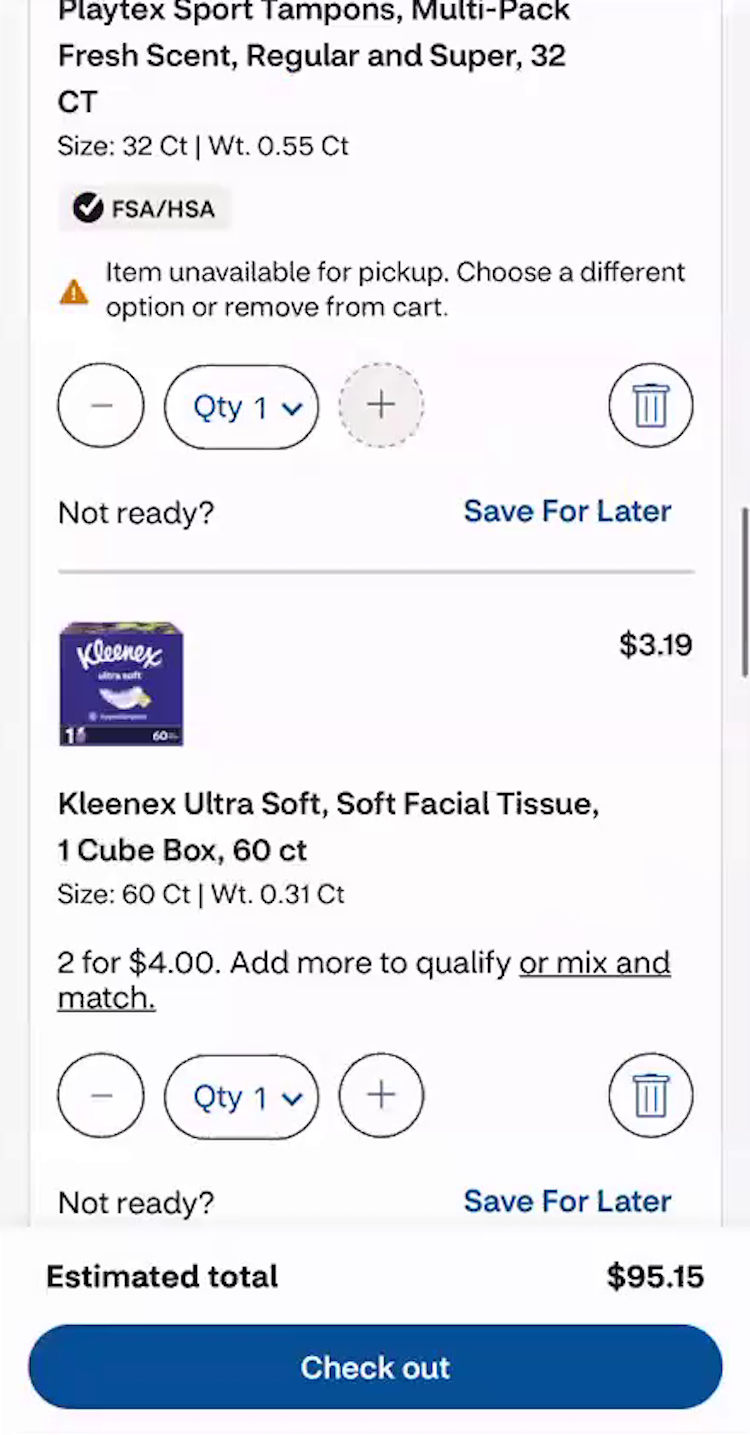 Mobile cart page on CVS with 2 cart items displayed and the top product has a note saying it’s unavailable for pickup.