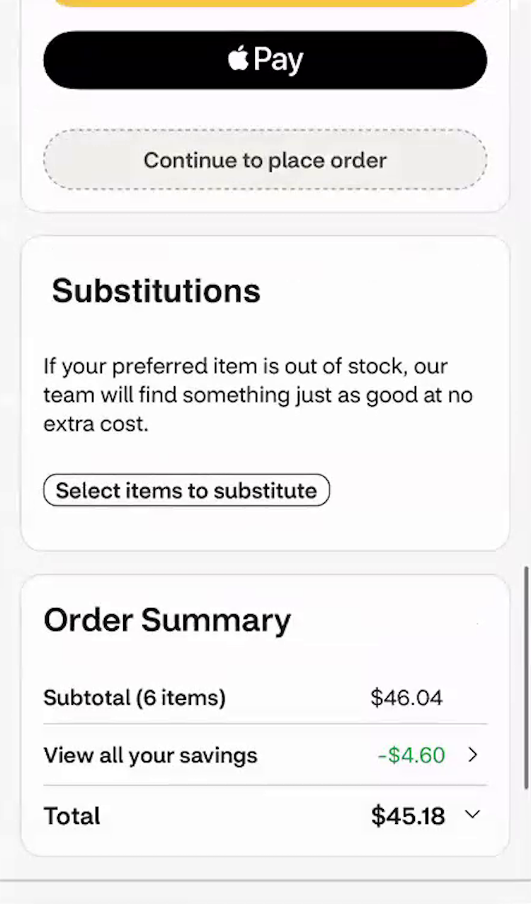 Path to ”Substitutions” feature placed between payment selection and order summary on a mobile checkout page.