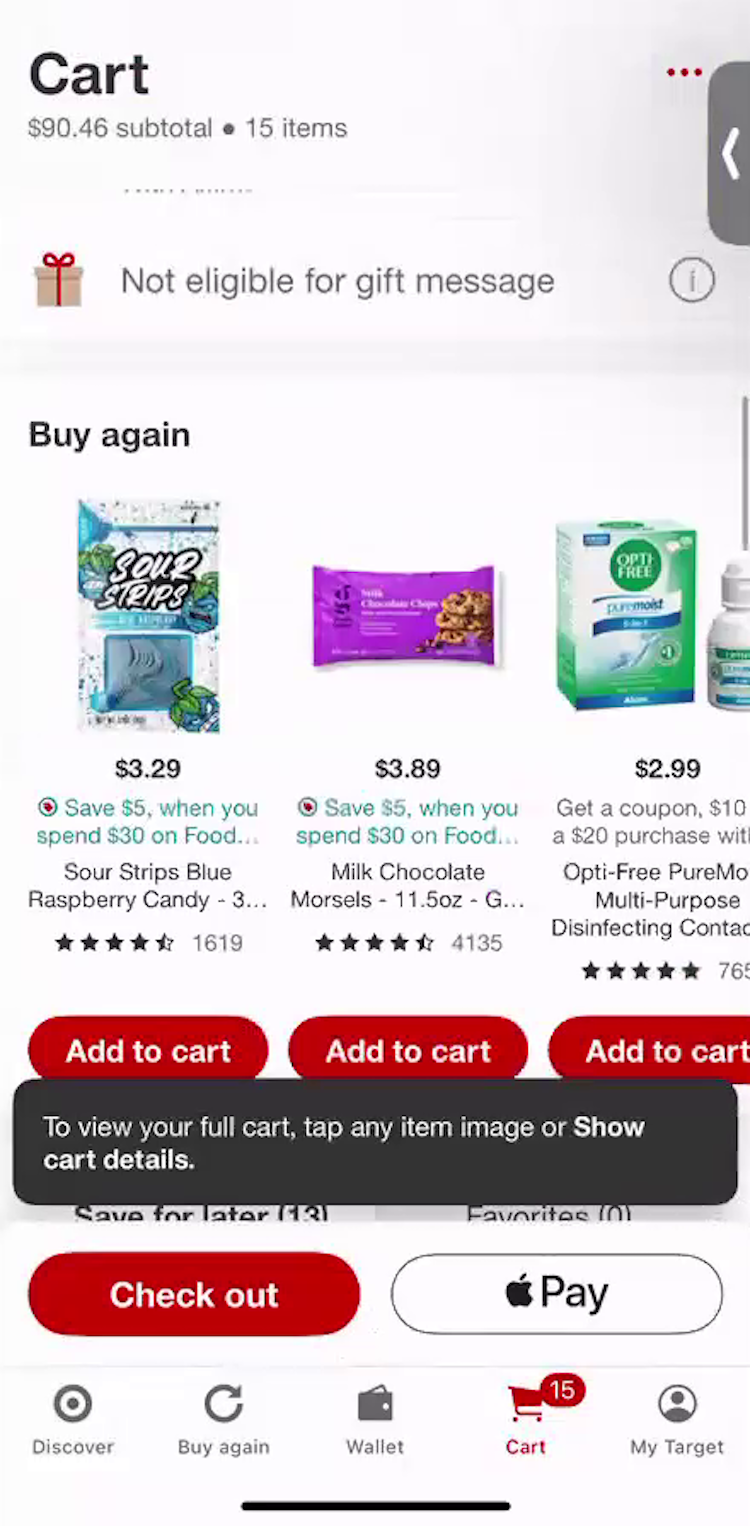 Cart page with “Buy again” carousel displaying products with “add to cart” buttons on the Target mobile app.