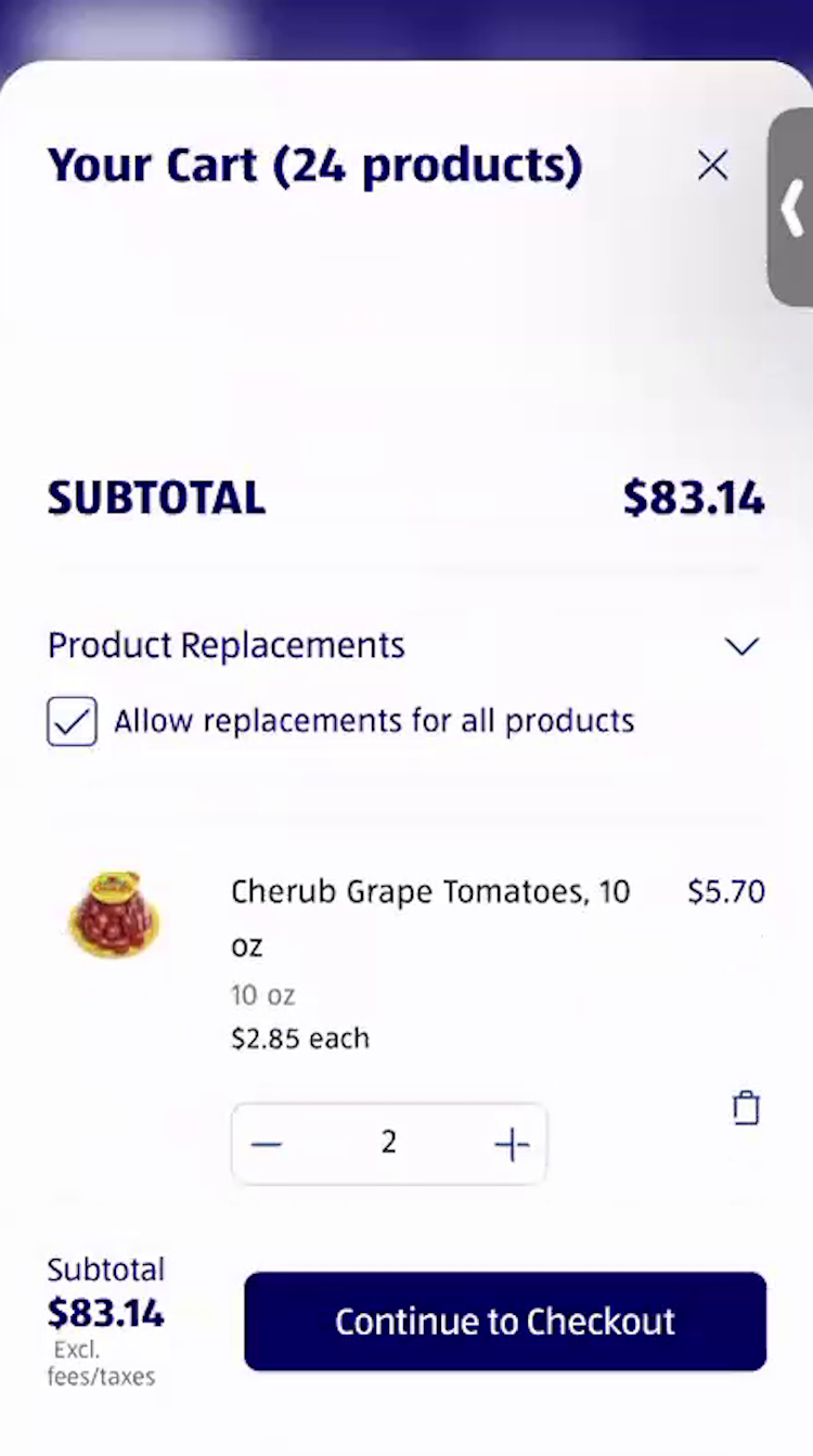 Mobile cart page showing order subtotal and a tomato product with name, thumbnail, prices, weight, and quantity.