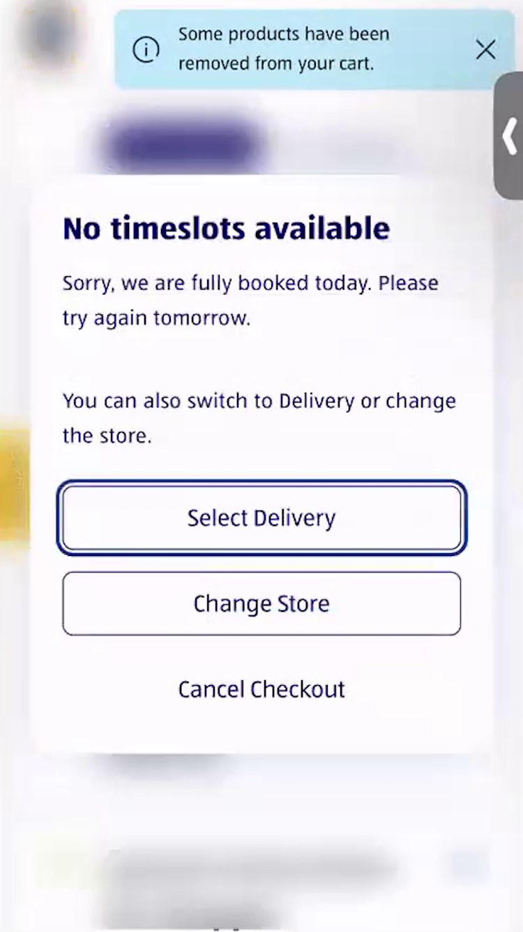A mobile overlay alerting of no available timeslots with the options to select delivery, change store, and cancel checkout.