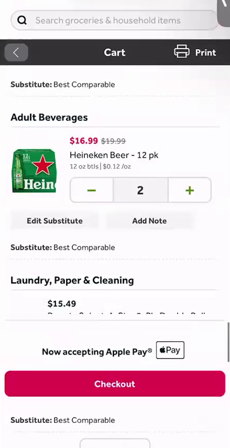 Mobile cart page showing Heineken 12 pk with a quantity of 2 selected.