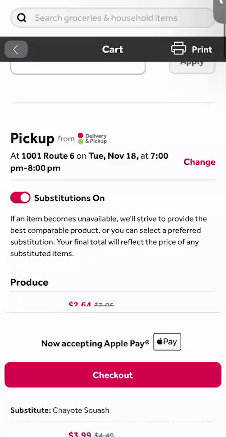 Cart page with “Pickup” information displayed and the option to “Change” on Stop & Shop’s mobile site.