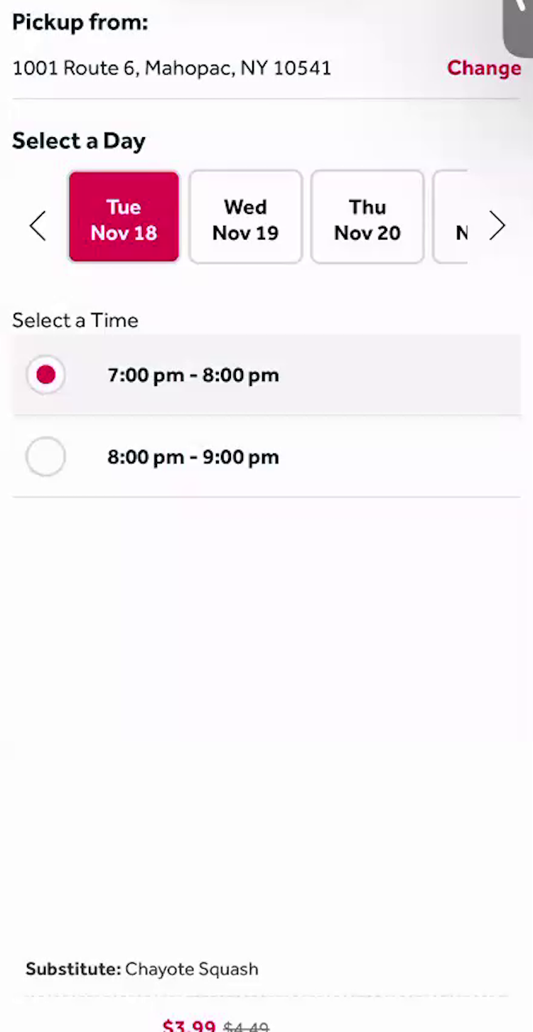 An interface to select day and time and change location for order pickup on a mobile site.