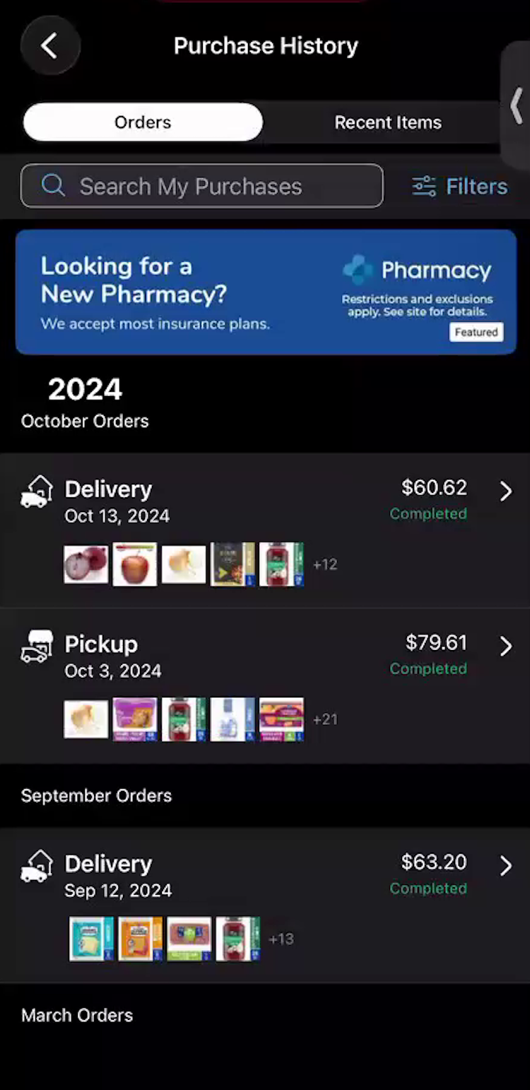 A ”Purchase History” mobile page with several past orders listed.