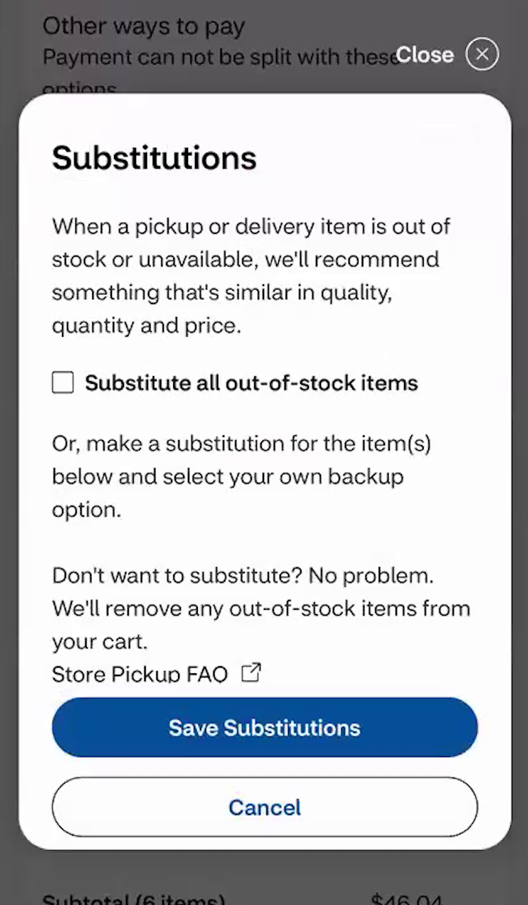A mobile overlay where users can opt in for substitutions by ticking a checkbox.