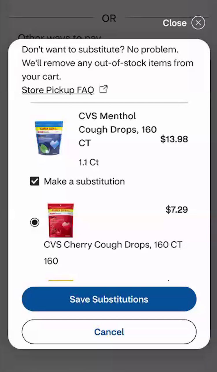 A mobile overlay with two site-selected substitute options to choose from - menthol or cherry cough drops.