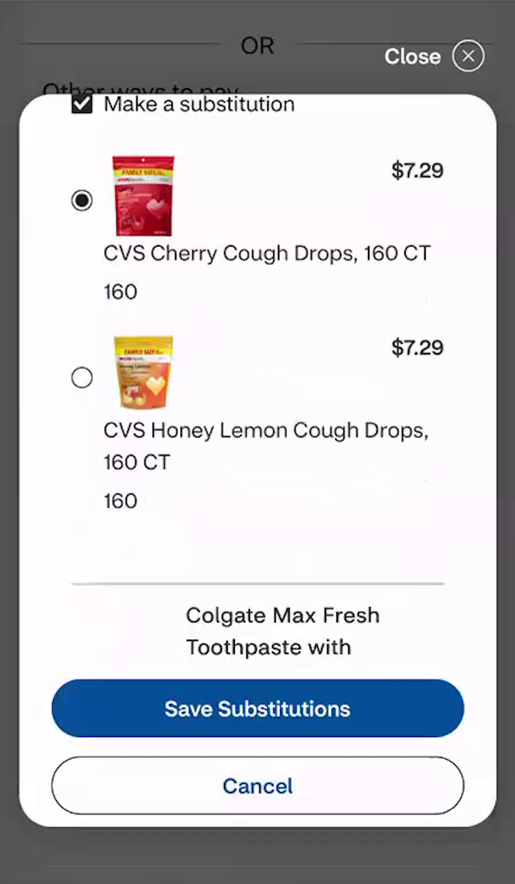 A mobile overlay with two site-selected substitute options to choose from - cherry or honey lemon cough drops.