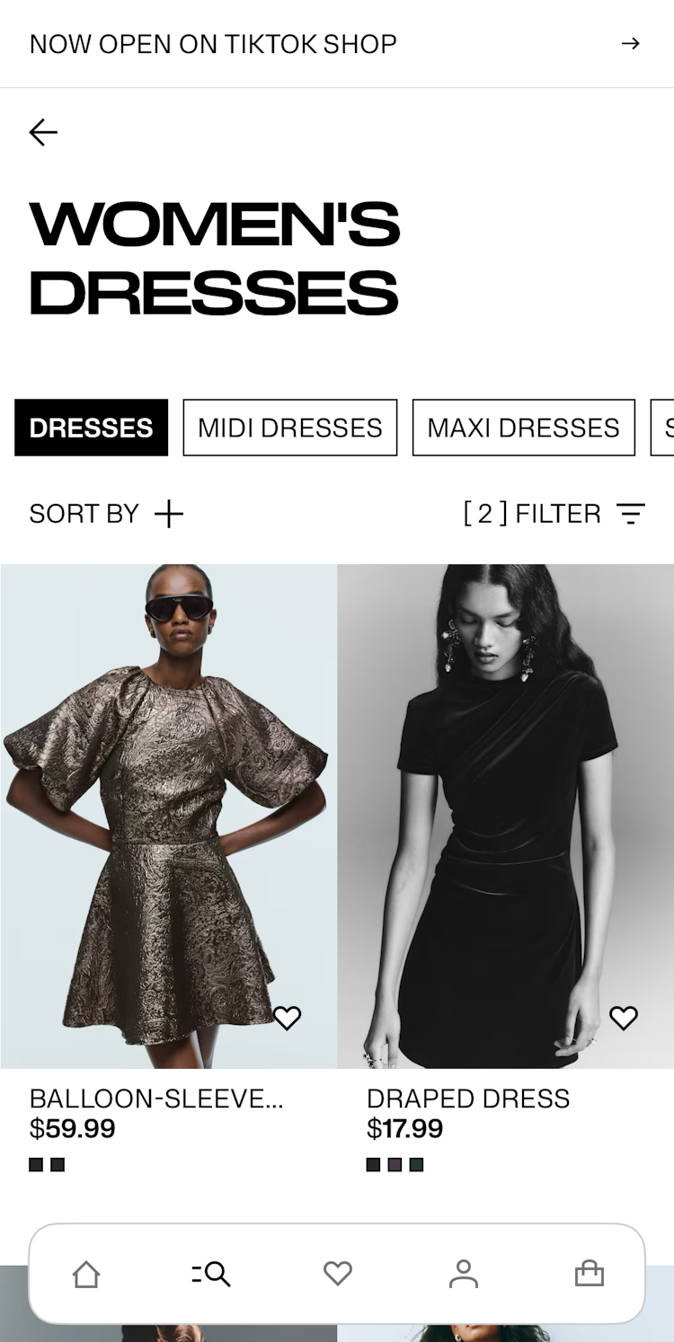 Mobile apparel product list with a closed filtering interface above the list indicating ”2” filters are applied.