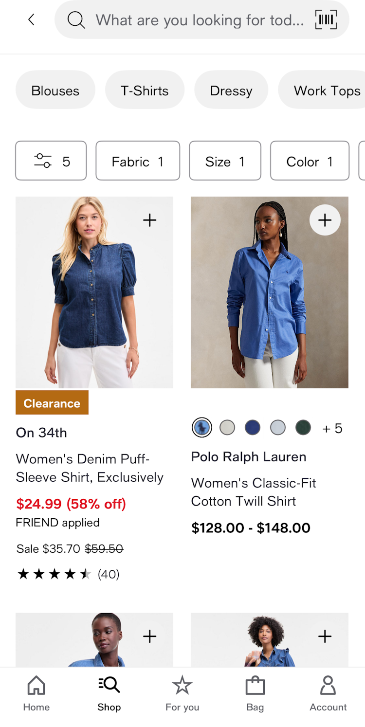 Mobile apparel product list with a closed filtering interface above the list indicating ”5” filters are applied.