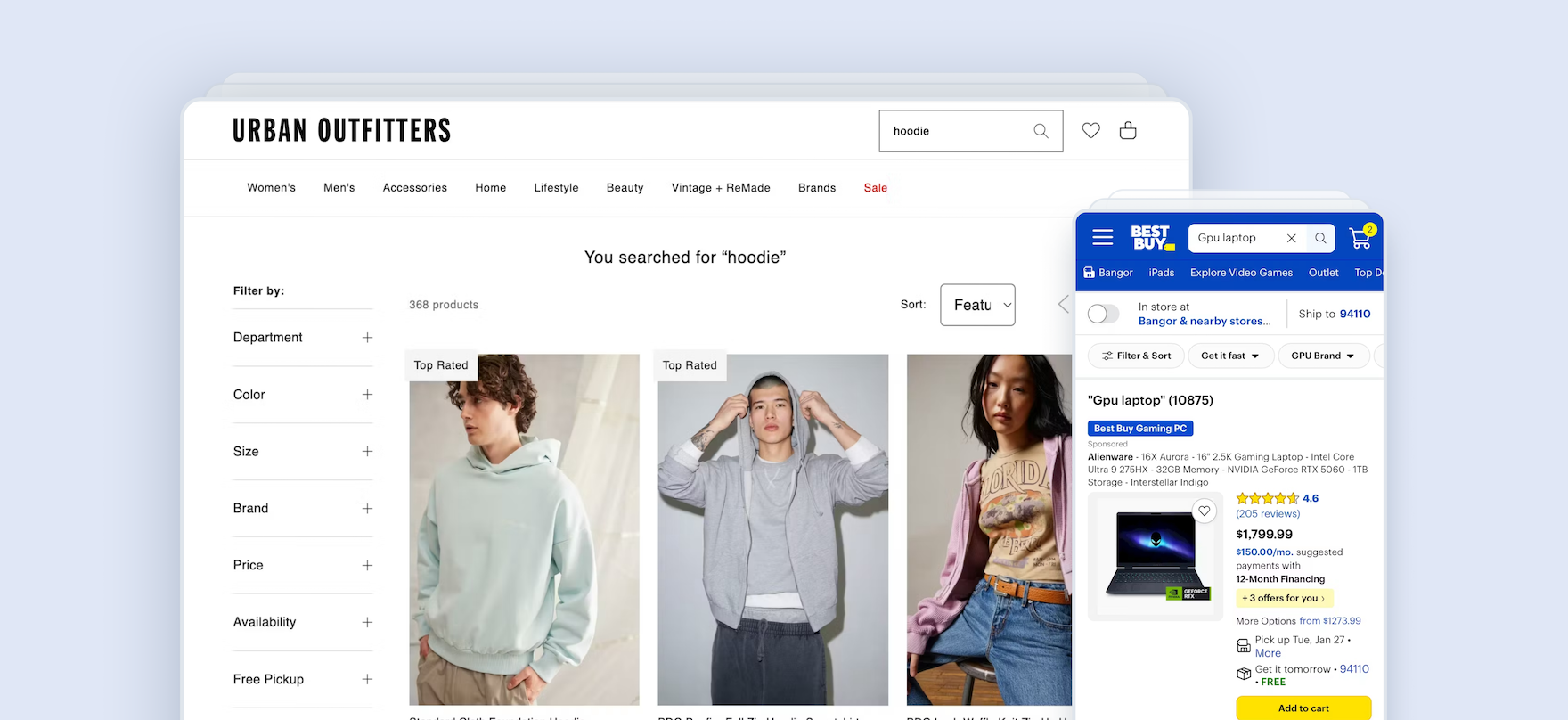 Search results pages on Urban Outfitters’ desktop site and Best Buy’s mobile site.