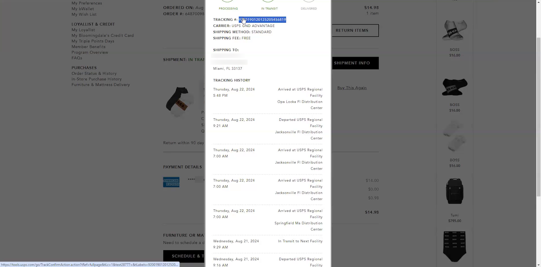 Desktop "Order Tracking" overlay with the tracking number highlighted and some shipping info and tracking history displayed.
