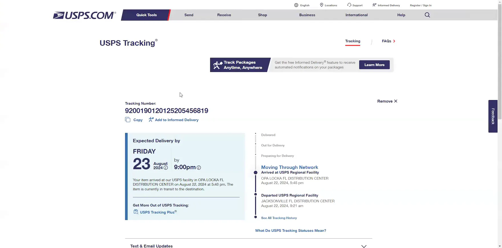 Order tracking page with expected delivery date and time and order status progress displayed on the USPS desktop site.