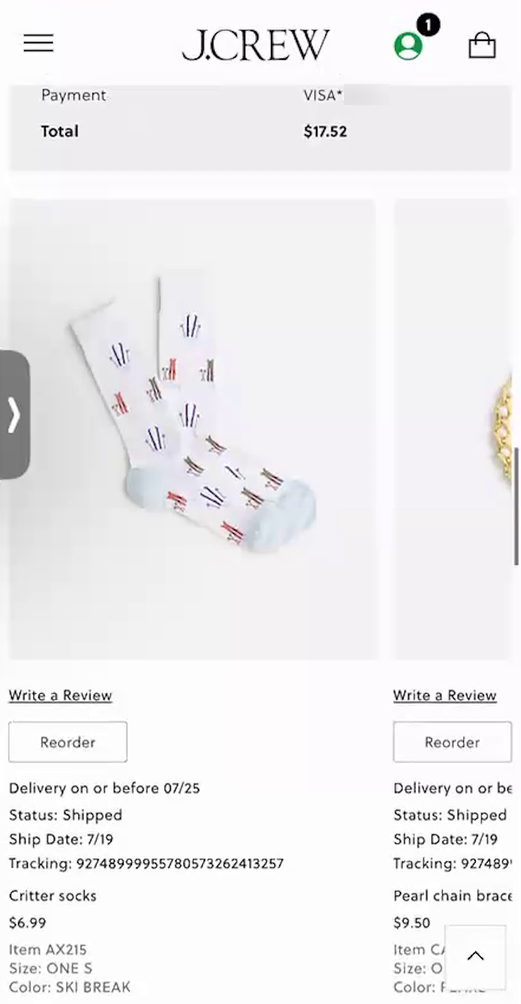 J. Crew mobile page with order details including estimated delivery date, status (“Shipped”), and tracking number.