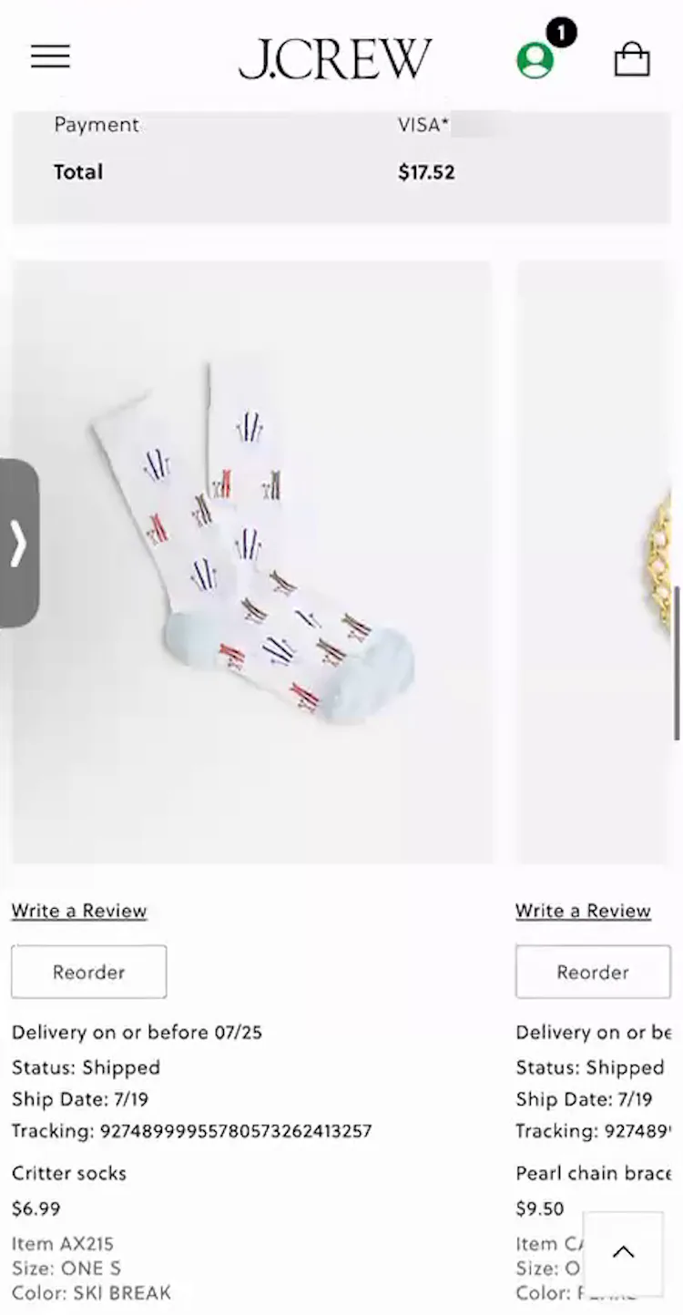 J. Crew mobile page with order details including estimated delivery date, status (“Shipped”), and tracking number.