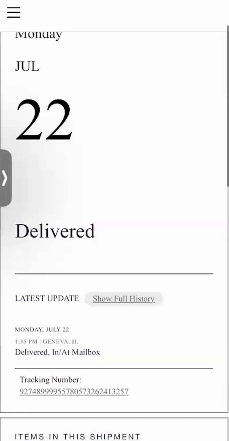 Mobile page with order status “Delivered”, delivery date and location, and tracking number.