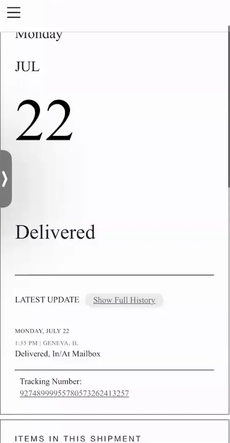 Mobile page with order status “Delivered”, delivery date and location, and tracking number.