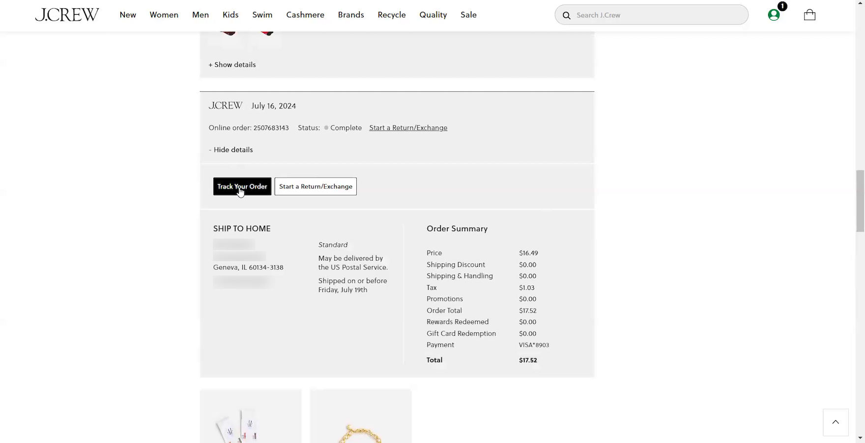 J. Crew desktop page with order details such as estimated shipping date, status (“Complete”), and “Track your order” button.