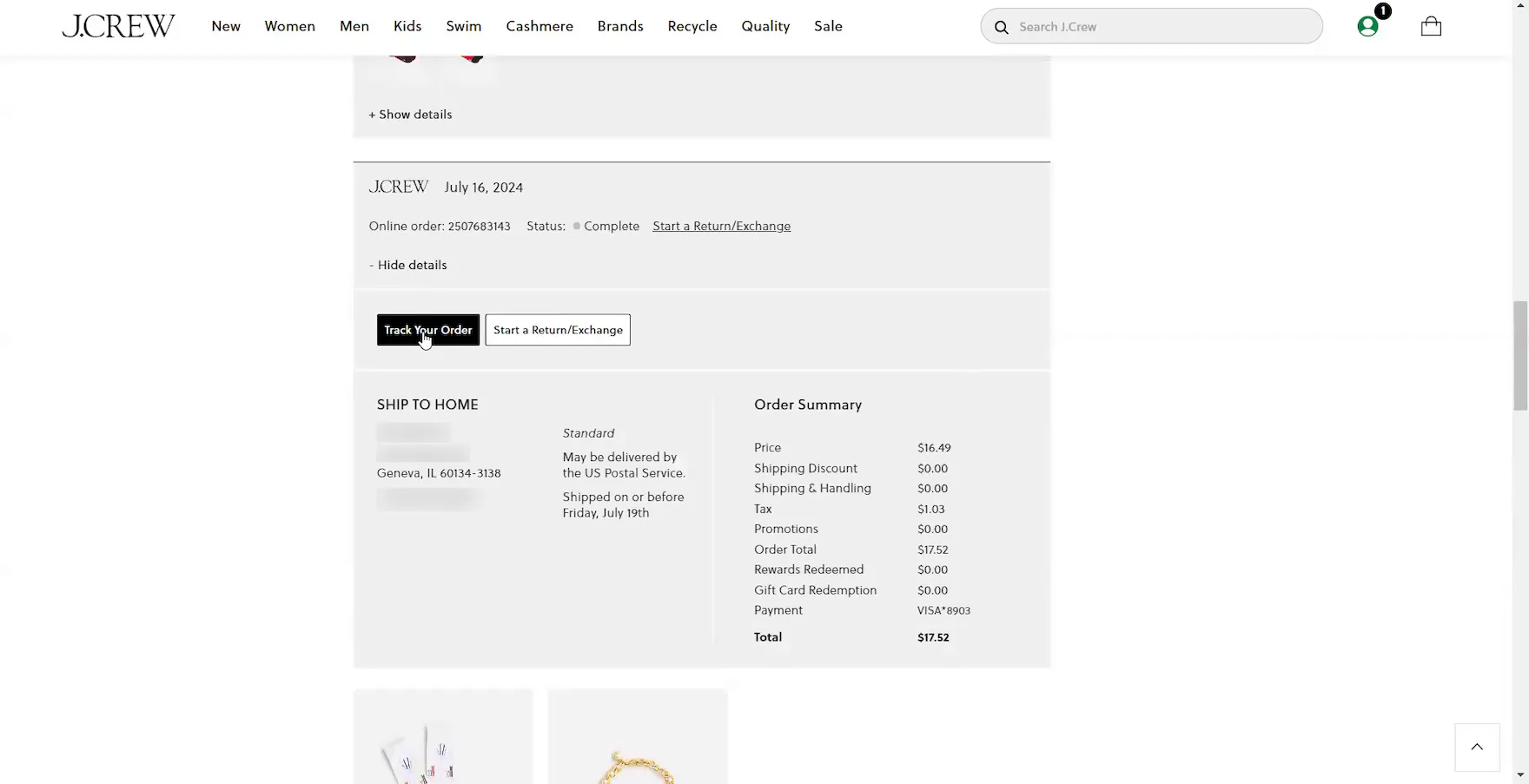 J. Crew desktop page with order details such as estimated shipping date, status (“Complete”), and “Track your order” button.