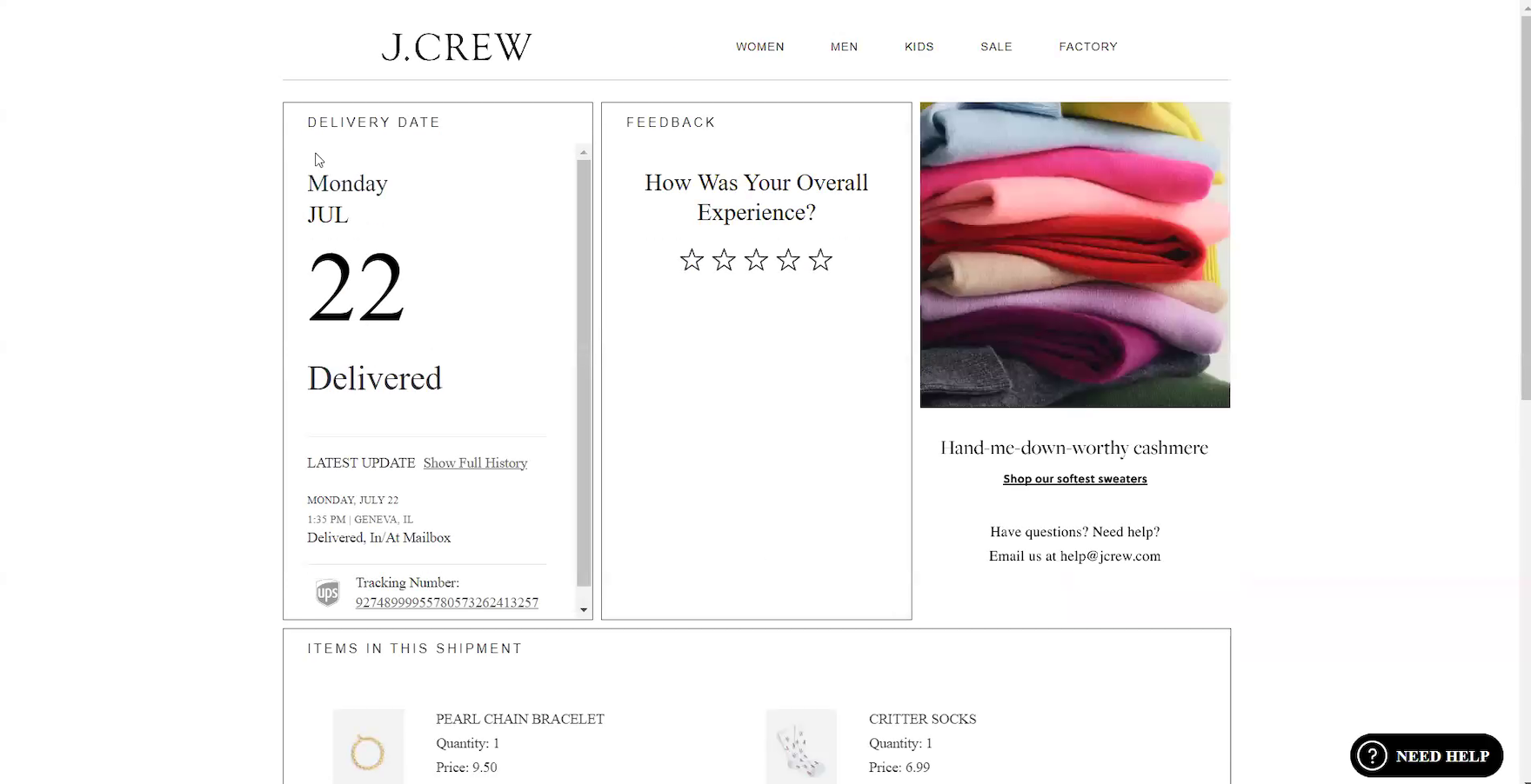 J. Crew desktop page with order status “Delivered”, delivery date and location, tracking number, and shipped items.