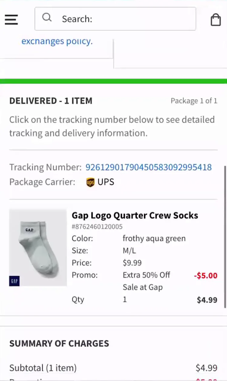 Ecommerce mobile page with order details including thumbnail, order cost, status (“Delivered”), and tracking number.