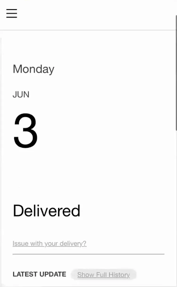 Mobile page with order status “Delivered”, delivery date, and link to full history.