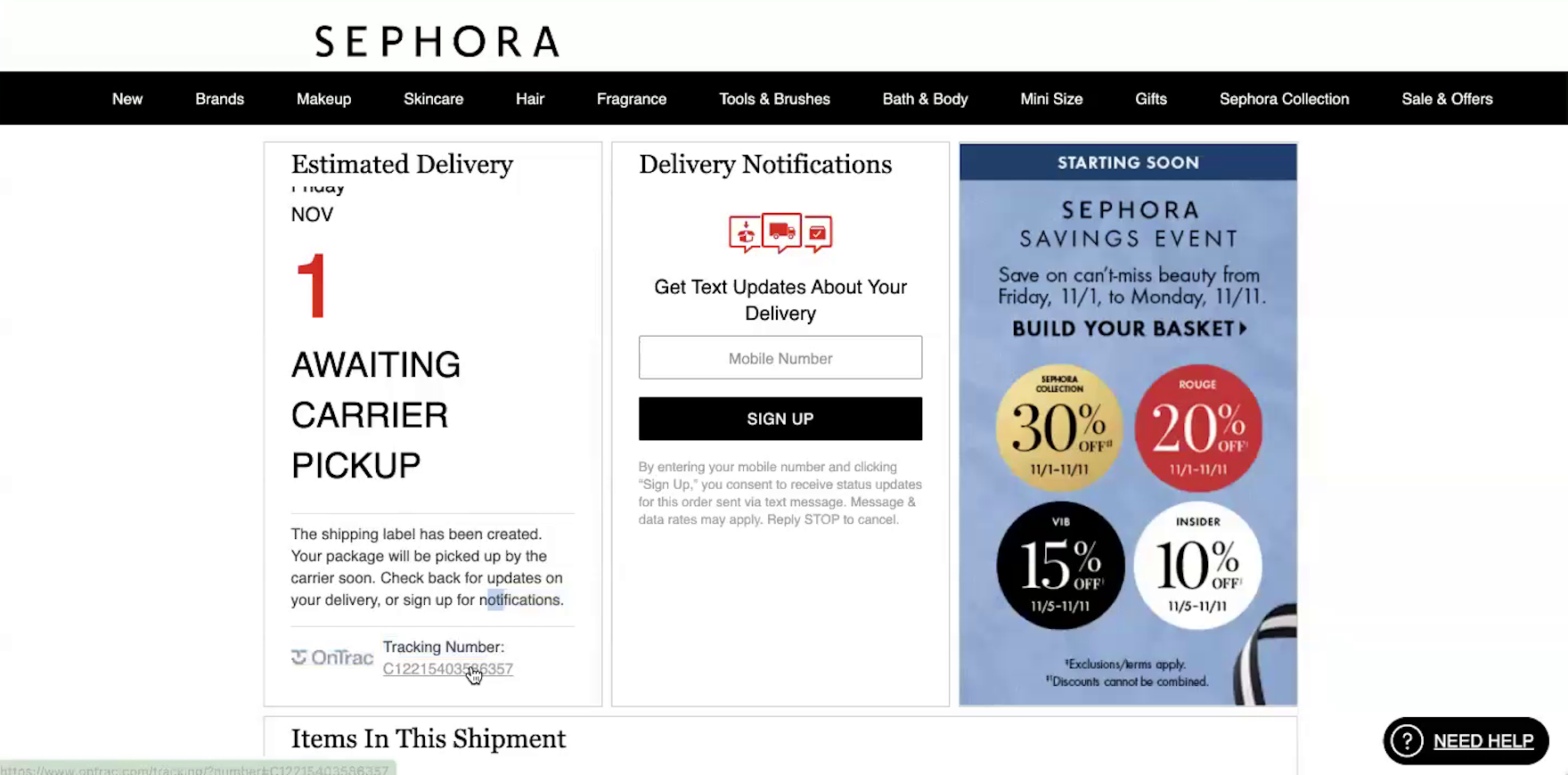 Sephora desktop page with estimated delivery, order status, and tracking number link along OnTrac logo.