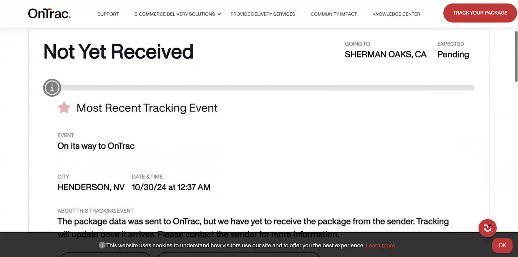 OnTracc desktop page with shipment tracking information such as status, date and time, city, and delivery location.