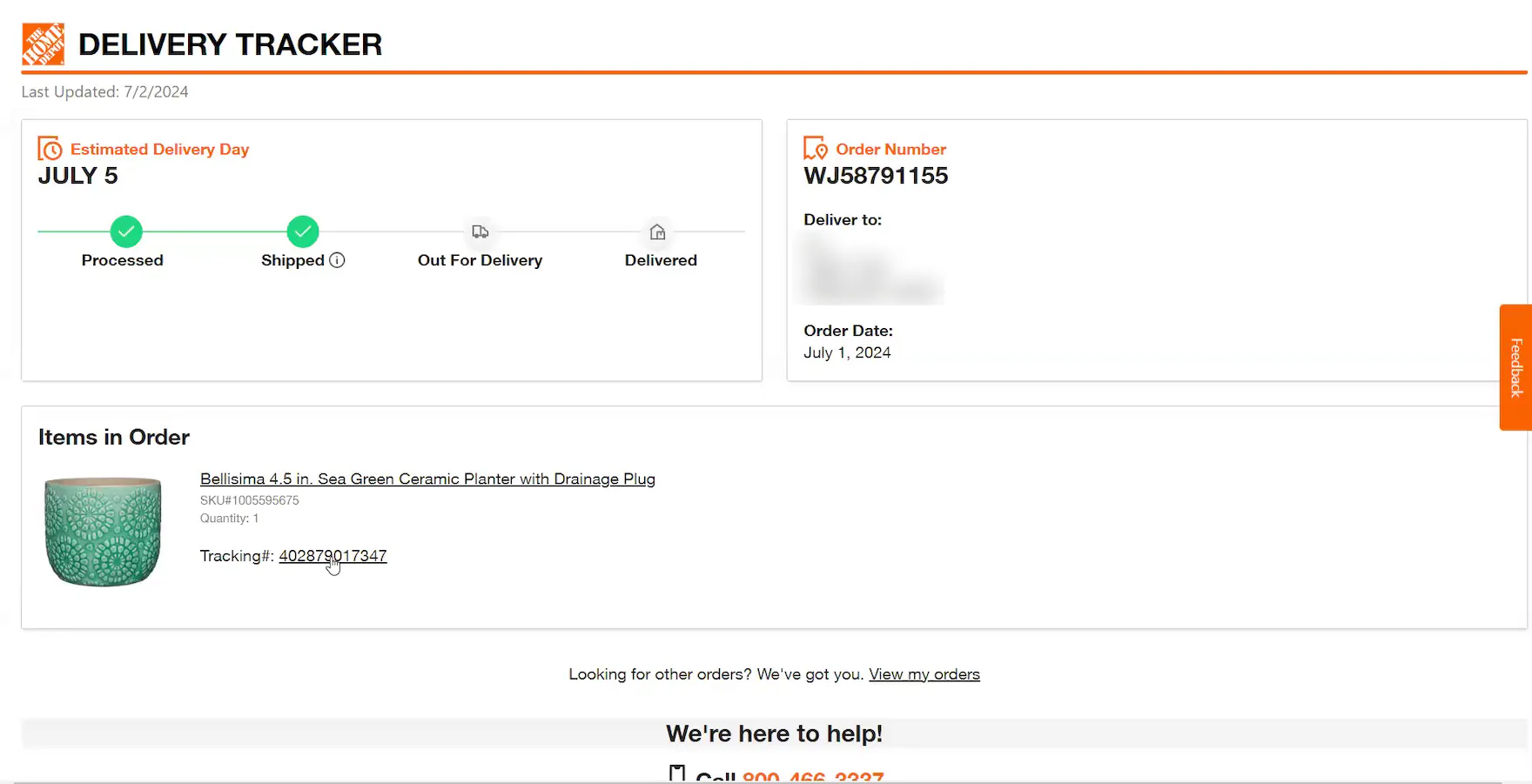 Home Depot desktop “Delivery Tracker” with status progress, estimated delivery date, order info, and tracking number link.