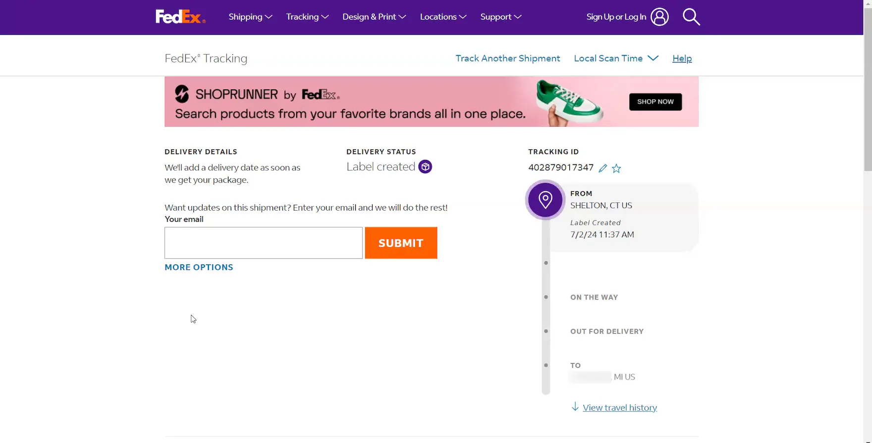 FedEx order tracking page with status, tracking ID, and section for delivery details.
