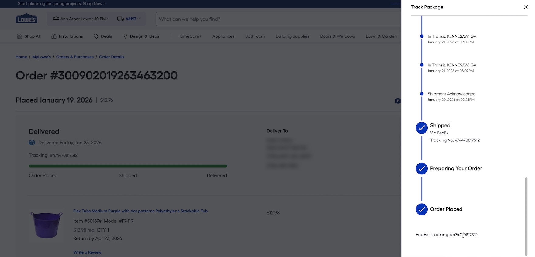 “Order Tracking” overlay on Lowe’s desktop site with order progress along with FedEx tracking number in unlinked text.