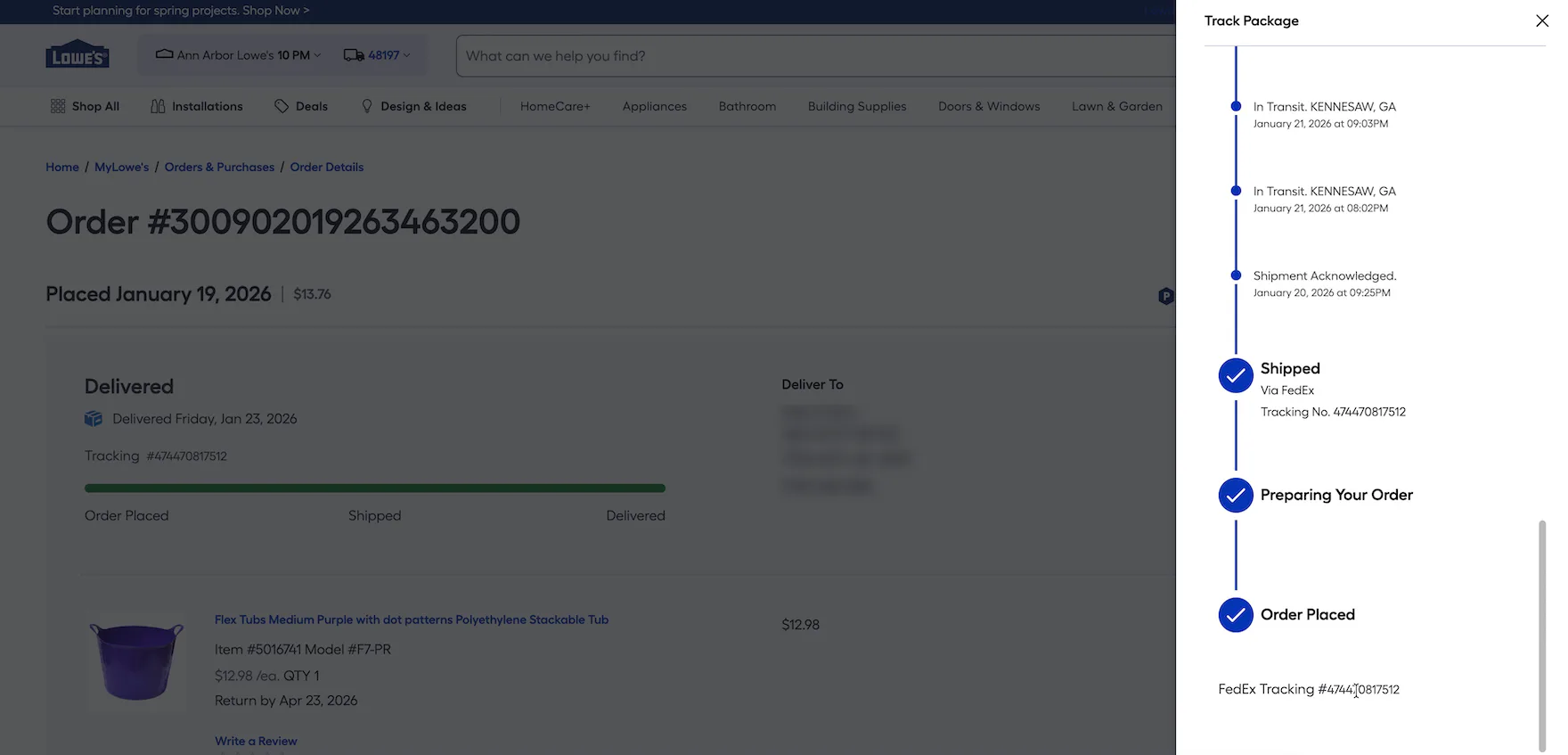 “Order Tracking” overlay on Lowe’s desktop site with order progress along with FedEx tracking number in unlinked text.