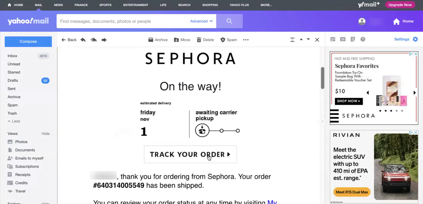Order tracking email from Sephora with order status and a button link to order tracking.